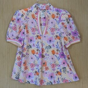 Umgee Womens Floral Puff Sleeve Blouse Pastel Colorful Medium Boho Cottagecore